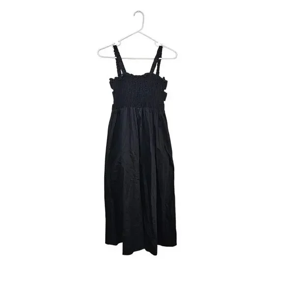 Topshop Smocked Cotton Poplin Midi Black Dress Sleeveless Open Back Sz Small - Picture 1 of 7